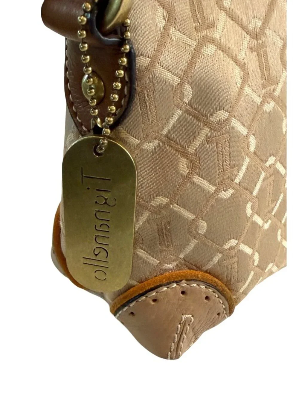Tignanello Jacquard Logo Fabric Shoulder Handbag Baguette Style Y2K Buckle